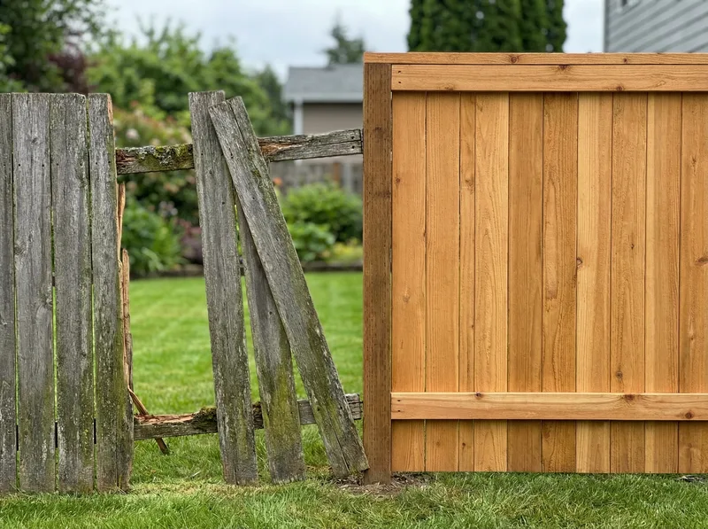 Before and after fence repair in Ogden showing damaged fence restored to like-new condition