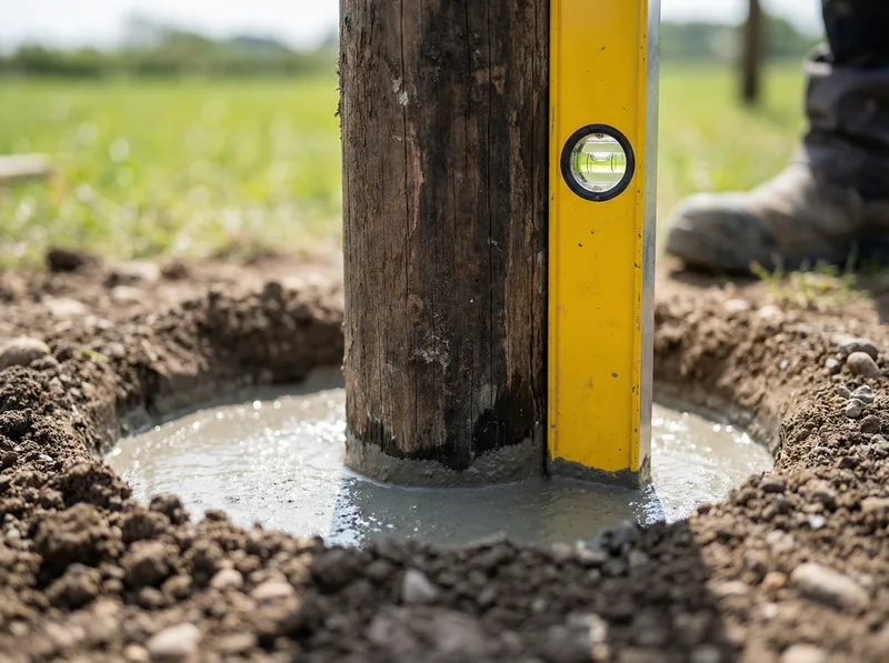 Fence post being set in concrete footing during a Weber County fence repair project